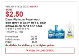 Costco Dawn Platinum Powerwash dish spray or Dawn free & clear dishwashing hand soap offer