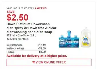 Costco Dawn Platinum Powerwash dish spray or Dawn free & clear dishwashing hand soap offer