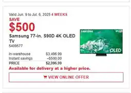 Costco Samsung 77-in. S90D 4K OLED TV offer