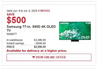Costco Samsung 77-in. S90D 4K OLED TV offer
