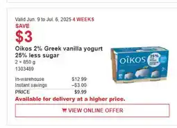 Costco Oikos 2% Greek vanilla yogurt 25% less sugar offer