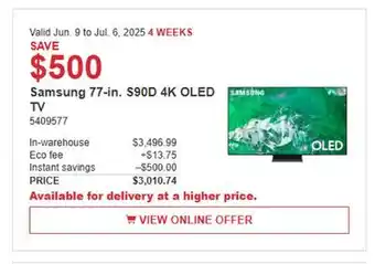 Costco Samsung 77-in. S90D 4K OLED TV offer