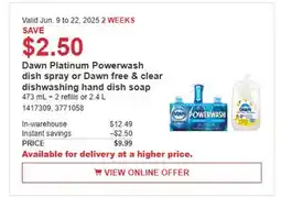 Costco Dawn Platinum Powerwash dish spray or Dawn free & clear dishwashing hand dish soap offer