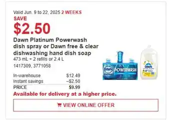 Costco Dawn Platinum Powerwash dish spray or Dawn free & clear dishwashing hand dish soap offer