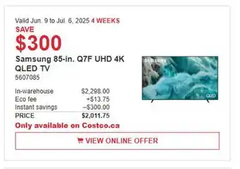Costco Samsung 85-in. Q7F UHD 4K QLED TV offer