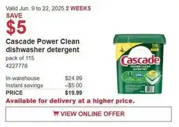 Costco Cascade Power Clean dishwasher detergent offer
