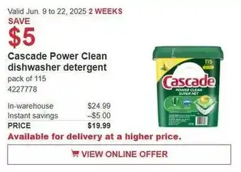Costco Cascade Power Clean dishwasher detergent offer