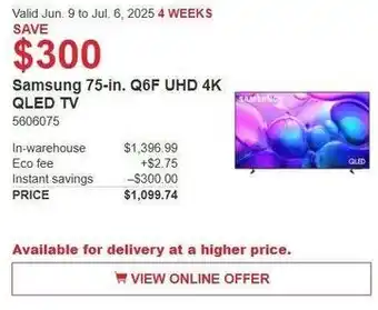 Costco Samsung Q6F UHD 4K QLED TV offer