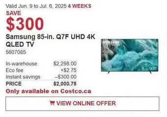 Costco Samsung Q7F UHD 4K QLED TV offer