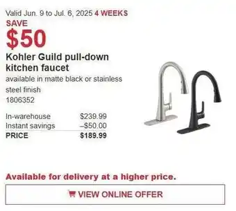 Costco Kohler Guild pull-down kitchen faucet offer