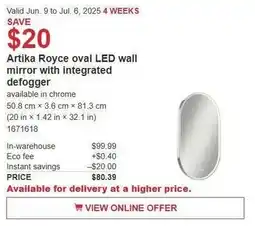 Costco Artika royce oval led wall mirror with integrated defogger offer