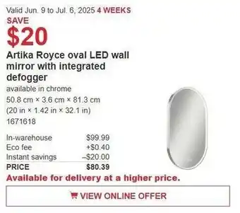 Costco Artika royce oval led wall mirror with integrated defogger offer