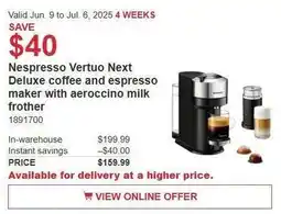 Costco Nespresso vertuo next deluxe coffee and espresso maker with aeroccino milk frother offer