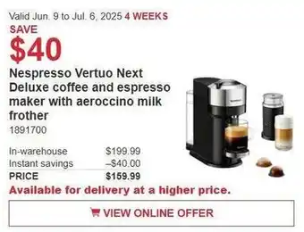 Costco Nespresso vertuo next deluxe coffee and espresso maker with aeroccino milk frother offer