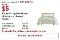 Costco Simmons queen down alternative blanket offer