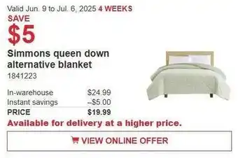 Costco Simmons queen down alternative blanket offer