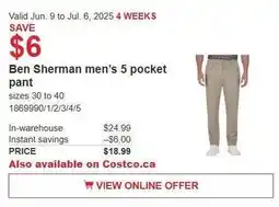 Costco Ben sherman men's 5 pocket pant offer