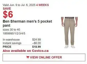 Costco Ben sherman men's 5 pocket pant offer