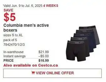 Costco Columbia men's active boxers offer