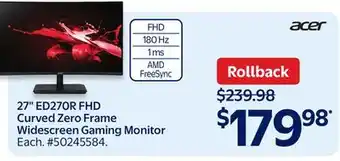 Walmart Acer 27 ED270R FHD Curved Zero Frame Widescreen Gaming Monitor offer