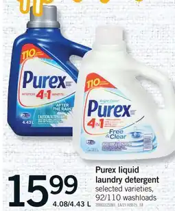 Fortinos PUREX LIQUID LAUNDRY DETERGENT, 92/110 WASHLOADS, 4.08/4.43 L offer