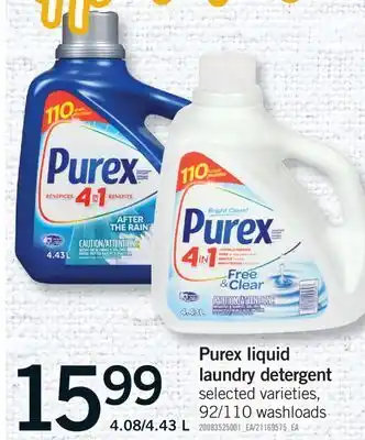 Fortinos PUREX LIQUID LAUNDRY DETERGENT, 92/110 WASHLOADS, 4.08/4.43 L offer