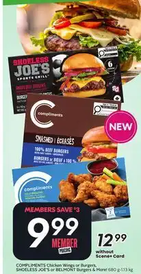 Sobeys COMPLIMENTS Chicken Wings or Burgers, SHOELESS JOE'S or BELMONT Burgers & More! offer