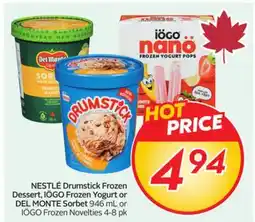 Sobeys NESTLÉ Drumstick Frozen Dessert, IÖGO Frozen Yogurt or DEL MONTE Sorbet offer