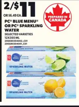 Loblaws PC BLUE MENU OR PC SPARKLING WATERWATER, 12X355 ML offer