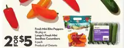 Longo's Fresh Mini Bite Peppers, 1lb pkg or Fresh Mini Seedless Cucumbers, 6 pack offer