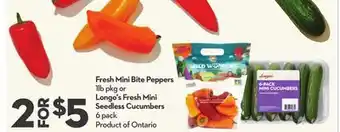 Longo's Fresh Mini Bite Peppers, 1lb pkg or Fresh Mini Seedless Cucumbers, 6 pack offer