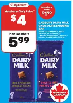 Real Canadian Superstore CADBURY DAIRY MILK CHOCOLATE SHARING BAR, 180 G offer