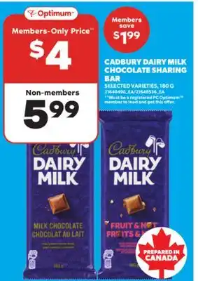 Real Canadian Superstore CADBURY DAIRY MILK CHOCOLATE SHARING BAR, 180 G offer