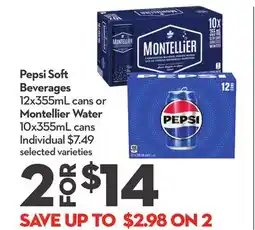 Longo's Pepsi Soft Beverages 12x355mL cans or Montellier Water 10x355mL cans offer