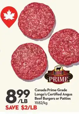 Longo's Canada Prime Grade Longo's Certified Angus Beef Burgers or Patties offer