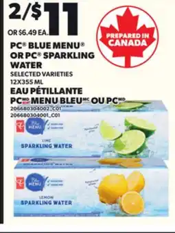 Independent Grocer PC BLUE MENU OR PC SPARKLING WATERWATER, 12X355 ML offer