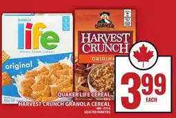 Food Basics QUAKER LIFE CEREAL OR HARVEST CRUNCH GRANOLA CEREAL offer