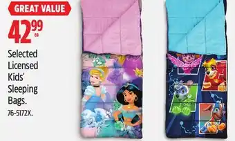 Canadian Tire Disney Selected Licensed Kids' Sleeping Bags offer
