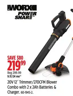 Canadian Tire Worx 20V 12 Trimmer/270CFM Blower Combo with 2 x 2Ah Batteries & Charger offer