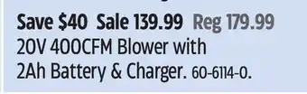 Canadian Tire 20V 400CFM Blower with 2Ah Battery & Charger offer