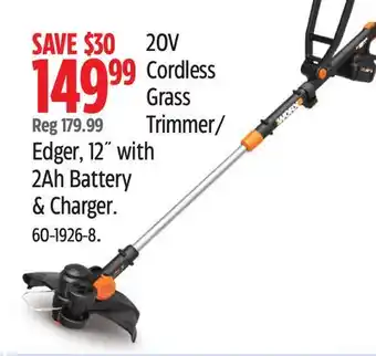 Canadian Tire Worx 20V Cordless Grass Trimmer/Edger, 12 with 2Ah Battery & Charger offer
