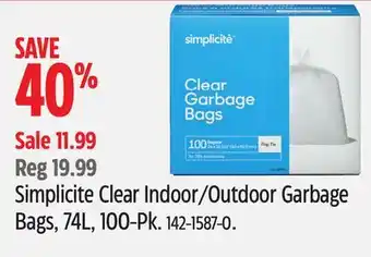 Canadian Tire Simplicite Clear Indoor/Outdoor Garbage Bags, 74L, 100-Pk offer