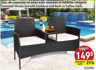 Sushi Shop Loveseat Wicker Set with Cushions and Built-in Coffee Table offer