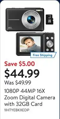 Walmart 1080P 44MP 16X Zoom Digital Camera with 32GB Card offer
