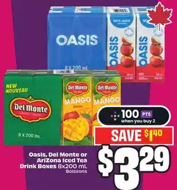 Chalo FreshCo Oasis, Del Monte or AriZona Iced Tea Drink Boxes 8x200 mL offer