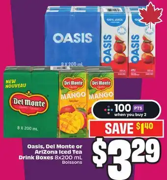Chalo FreshCo Oasis, Del Monte or AriZona Iced Tea Drink Boxes 8x200 mL offer
