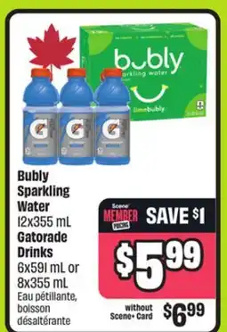 FreshCo Bubly Sparkling Water 12x355 mL Gatorade Drink 6x591 mL or 8x355 mL offer