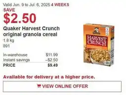 Costco Quaker harvest crunch original granola cereal offer