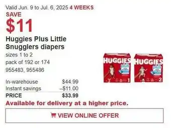 Costco Huggies plus little snugglers diapers offer