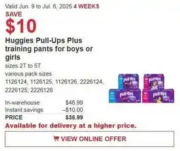 Costco Huggies pull-ups plus training pants for boys or girls offer